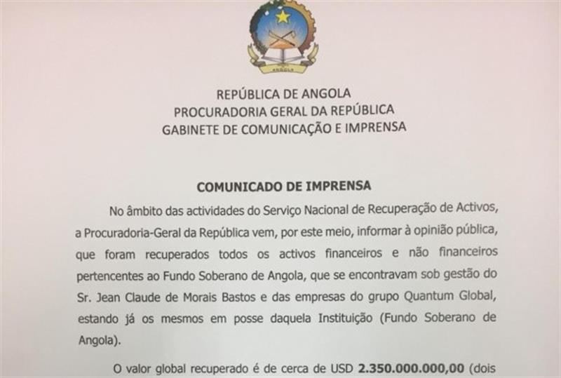 Ministério Público recupera 3,3 mil milhões USD do Fundo Soberano e deixa cair processos contra Bastos